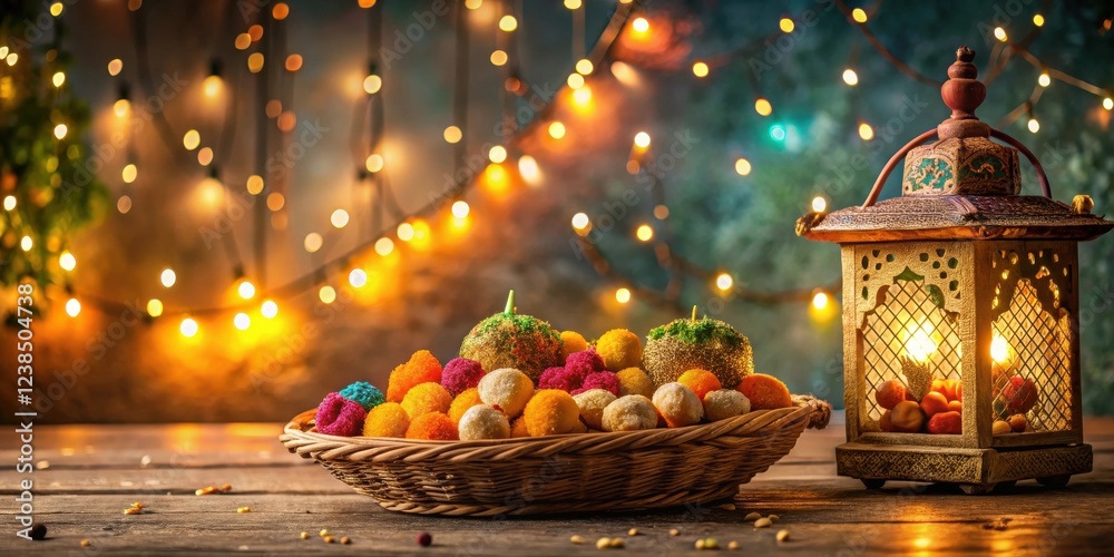 Aufkleber A festive arrangement of colorful sweets in a wicker basket, illuminated by warm string lights and a glowing lantern.