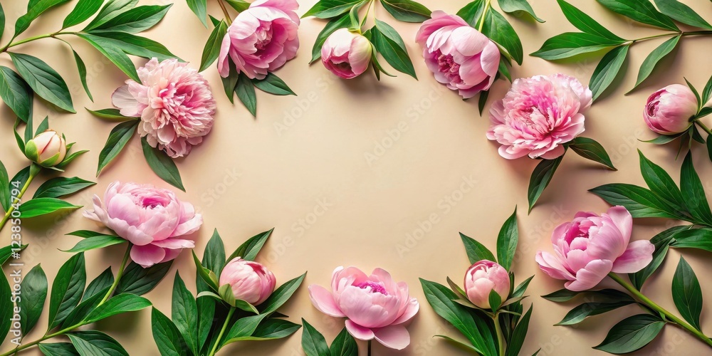 Poster pastel pink peonies and lush green foliage arranged in a circular frame on a soft beige background