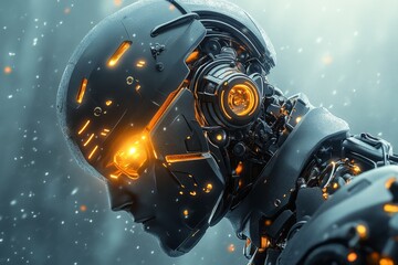 A 3D-rendered depiction of a robot shutting down, with its lights dimming and gears stopping in a dramatic mechanical environment