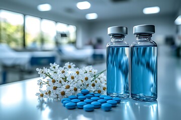 Pharmaceutical vials filled with blue pills on a production line.