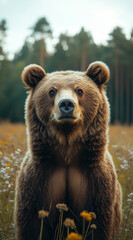 Obraz premium Bear stands amid wildflowers in a forest clearing during a calm afternoon. Generative AI