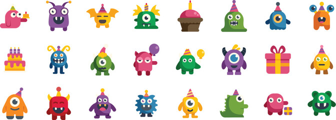 Adorable monsters enjoying a birthday celebration with cake, gifts, and festive balloons