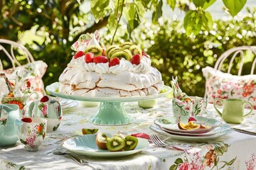Pavlova (New Zealand/Australia) A large pavlova topped with whipped cream, kiwi slices, strawberries, and passion fruit pulp