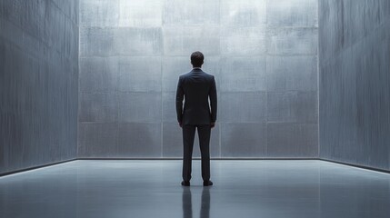Businessman standing in large concrete room, future prospects