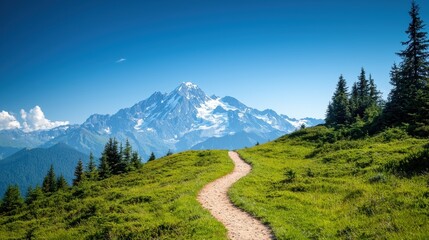 Obraz premium Scenic mountain landscape with a winding path through lush greenery under a clear blue sky.