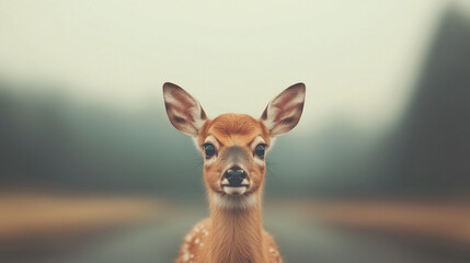 Fototapeta premium Cute fawn curiously looking at the camera in a misty forest during early morning light. Generative AI