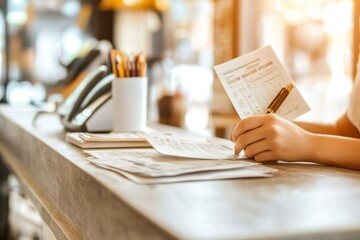 A bank teller explaining interest rates to a customer, with pamphlets and charts on the desk