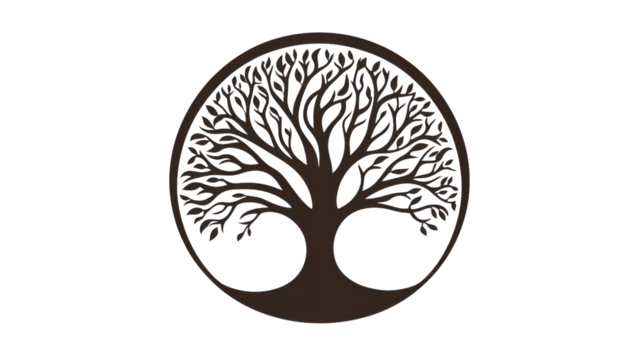 Tree of life symbol growing with roots and branches forming a circle on transparent background