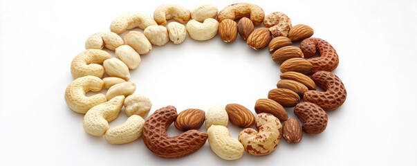 Obraz premium Artistic flat lay of assorted nuts arranged in circular pattern, showcasing variety of textures and colors, perfect for healthy snacking or culinary presentations