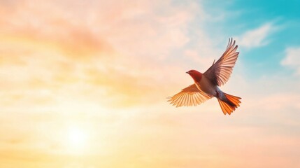 Obraz premium A bird gracefully soars against a colorful sunset sky, showcasing its wings and vibrant plumage.