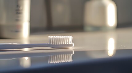 Close-up of a white toothbrush on a shiny surface, with blurred background of bathroom items.