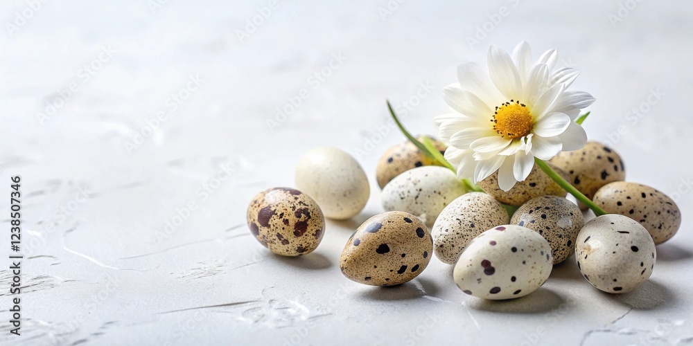 Poster a delicate white flower rests amongst a cluster of speckled quail eggs on a light textured surface.