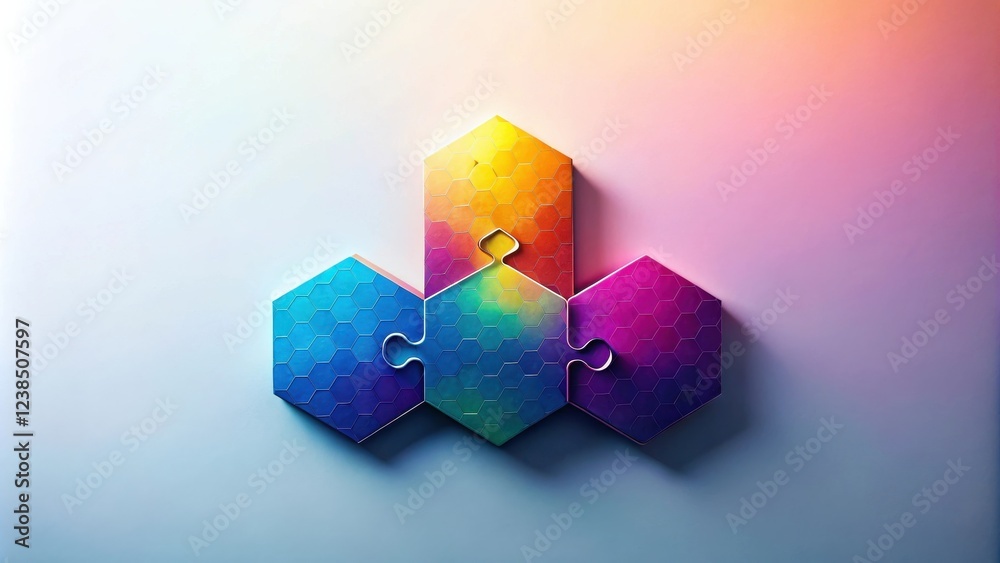 Poster Colorful Hexagonal Puzzle Pieces Interlocking to Form a Unified Structure