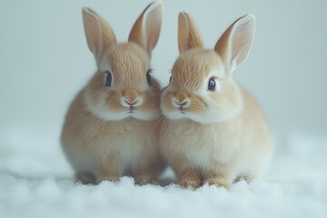 Obraz premium Two cute light brown rabbits standing and sitting on a white background, high-resolution photography.