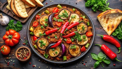 Savory Eggplant and Meat Stew with Spicy Chili Peppers and Fresh Herbs