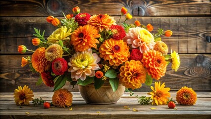 Fototapeta premium Vibrant Autumnal Flower Arrangement in Rustic Wooden Bowl