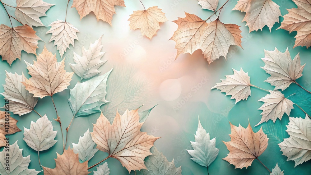 Poster pastel autumn leaves arranged on a teal background create a serene and elegant design