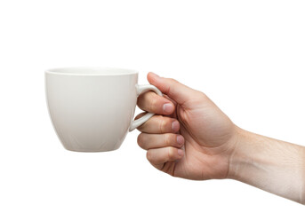 Hand holding a cup isolated on white background, no depth of field, sharp.