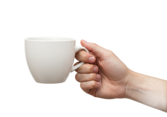 Hand holding a cup isolated on white background, no depth of field, sharp.