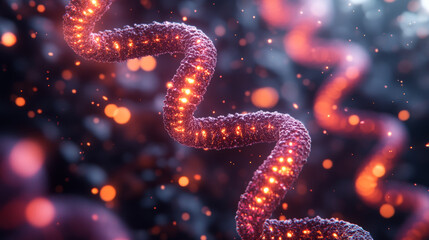 close up view of glowing, twisted molecular structure with vibrant colors, representing chemical compounds and molecular biology. image conveys sense of scientific discovery and innovation