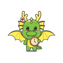 dragon mascot cartoon character vector illustration with clock.
