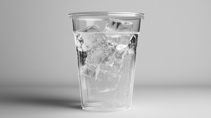 Iced water in plastic cup, grey background, refreshment