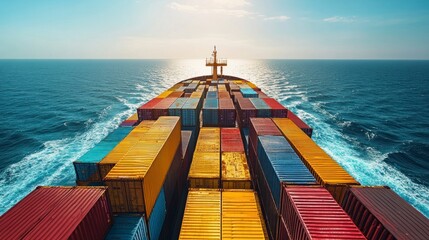 Front View of a Cargo Shipping Container Ship Navigating Through Calm Waters Under Bright Sky and Setting Sun
