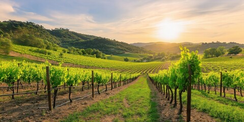 Naklejka premium Golden sunset illuminating picturesque rows of grapevines in tuscany