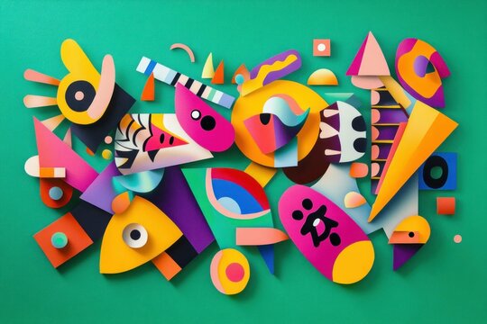 Colorful abstract composition with geometric shapes, vibrant colors, modern design, and playful elements on a bright green background