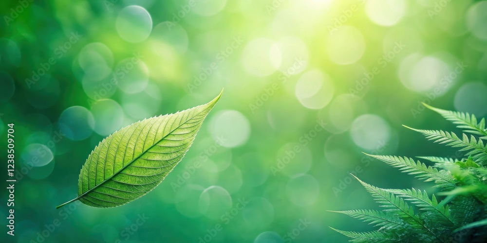 Poster a single leaf floats gently against a backdrop of lush green foliage and soft-focus bokeh, evoking a