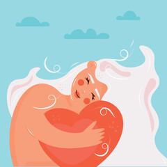 A young girl hugs a big red heart. .Mental health, psychological concept. Independent love, ability to care, help, acceptance. Healthy thinking, psychotherapy, well-being and self-love.