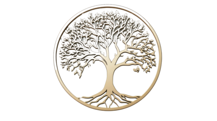 Golden tree of life growing inside a circle on transparent background