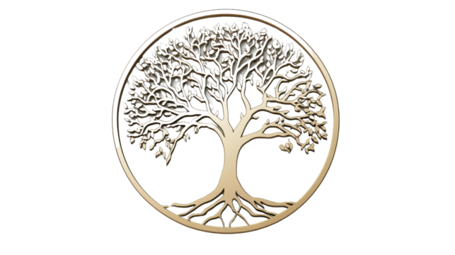 Golden tree of life growing inside a circle on transparent background