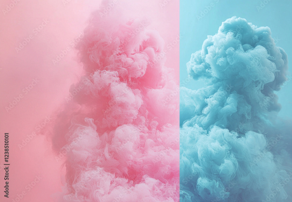 Poster a captivating blend of pink and blue clouds billows gracefully, creating an enchanting atmosphere. t