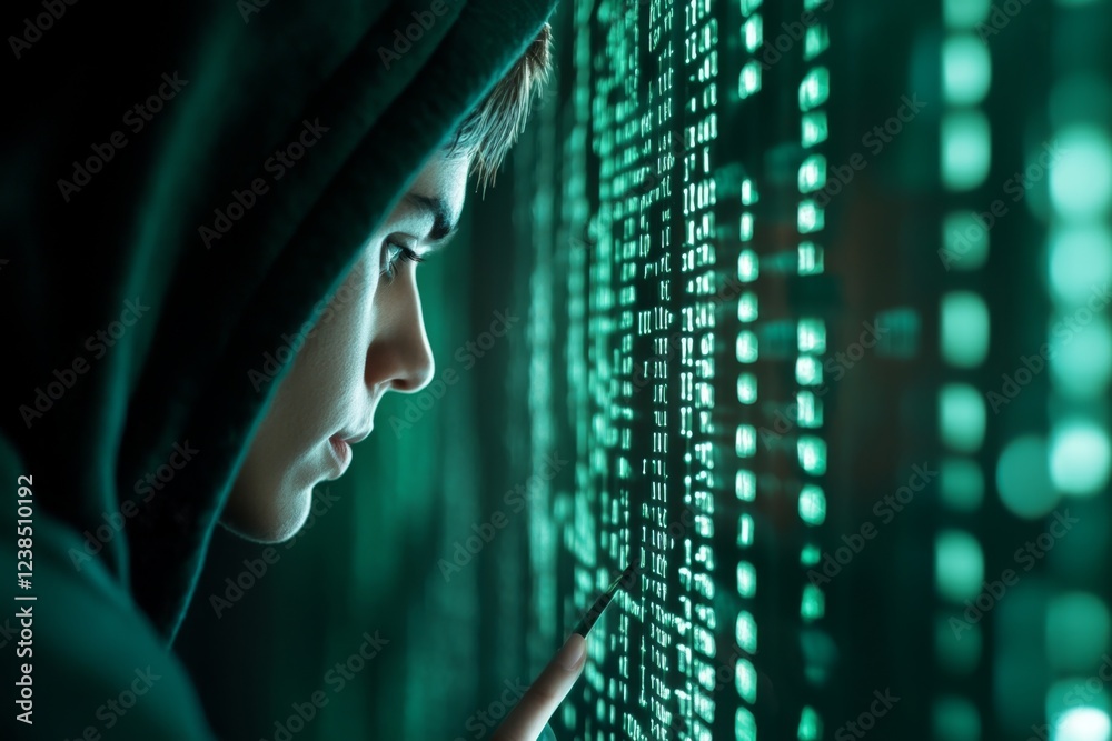 Fototapete A computer programmer writing the final line of code before terminating a program, with lines of text glowing on the screen