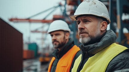 Industrial Shipping Yard Scene Featuring Foreman Overseeing Operations with Cargo Containers and Cranes in Background