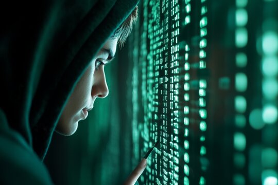 A computer programmer writing the final line of code before terminating a program, with lines of text glowing on the screen