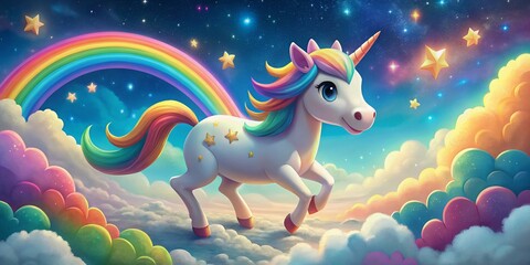 Cartoon Unicorn Walking on Clouds with Rainbow and Stars for Kids