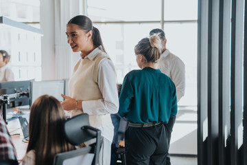 A diverse group of business people engaging in a collaborative meeting in a bright, modern office environment. They are brainstorming ideas and discussing potential solutions with different