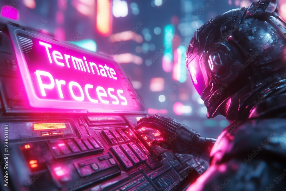 Aufkleber A cyberpunk scene of a neon-lit control room where a hacker types 