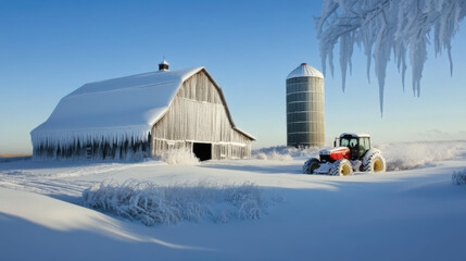 Snow-covered barn with silo in winter rural landscape icicles farmstead countryside cold weather farming frost seasonal beauty