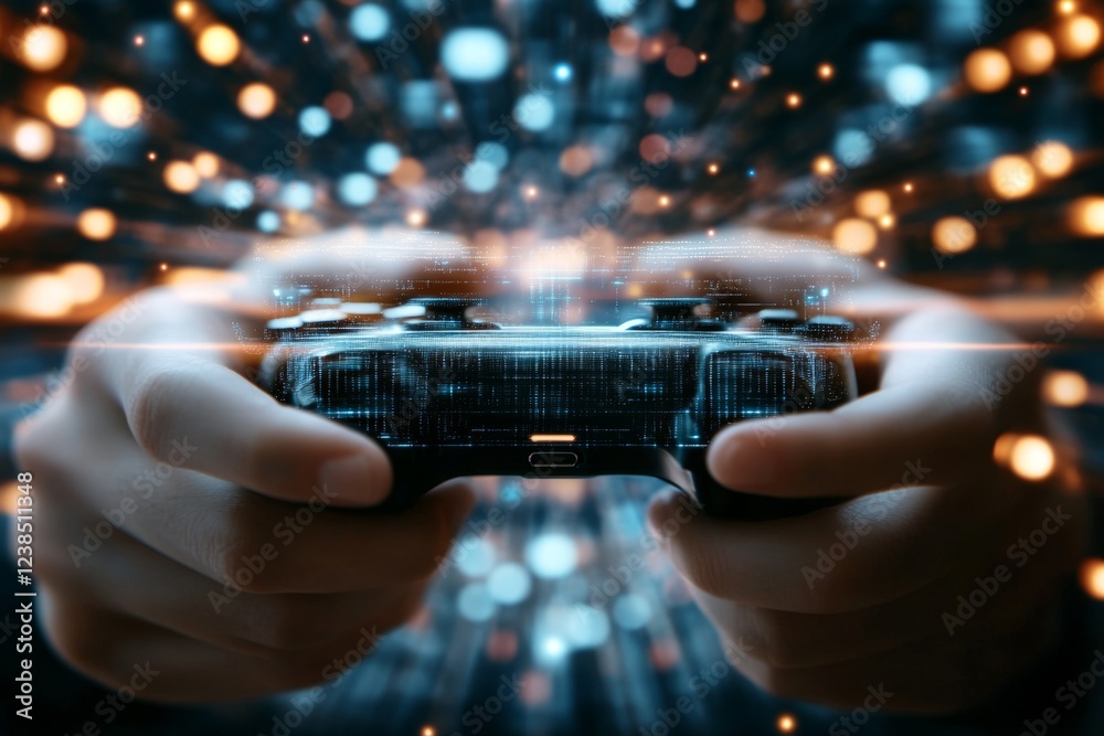Poster a digital 3d illustration of a gamer replacing a traditional joystick with an advanced haptic contro
