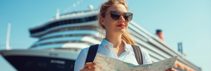 A woman enthusiastically exploring summer travel options with a detailed map in hand as she stands near a magnificent luxury cruise ship, contemplating various beautiful destinations to visit