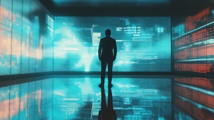 A reflective businessman standing near a digital screen displaying glowing charts and futuristic graphics in a tech conference room