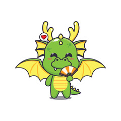 Fototapeta premium dragon mascot cartoon character vector illustration with hand fan.