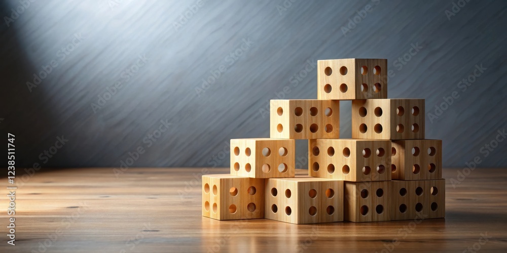 Poster A Stack of Light Wooden Blocks with Holes Arranged in a Pyramid Shape on a Wooden Surface