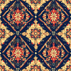 A colorful pattern of flowers and leaves is displayed in a blue