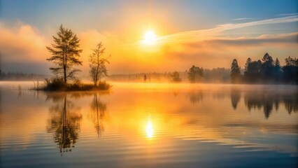 Obraz premium Serene sunrise over a tranquil lake, reflecting the golden light and misty shoreline with silhouetted trees