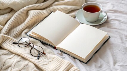 Naklejka premium Relaxing Scene with Glasses, Open Book, and Hot Beverage