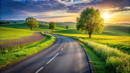 Fototapeta premium Serene Sunset Drive Through Rolling Green Fields and Blossoming Meadows